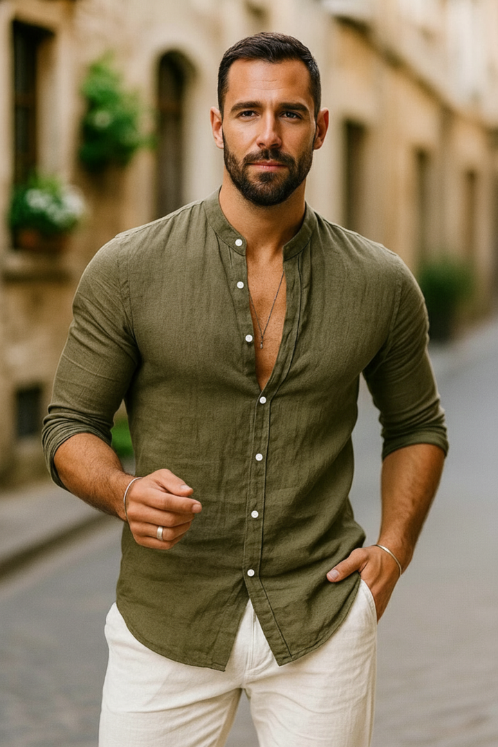 Mason | Men’s Linen Shirt in a Modern Stand Collar Style