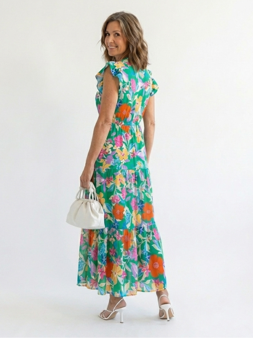 Lila | Floral midi dress with ruffles and a V-neck