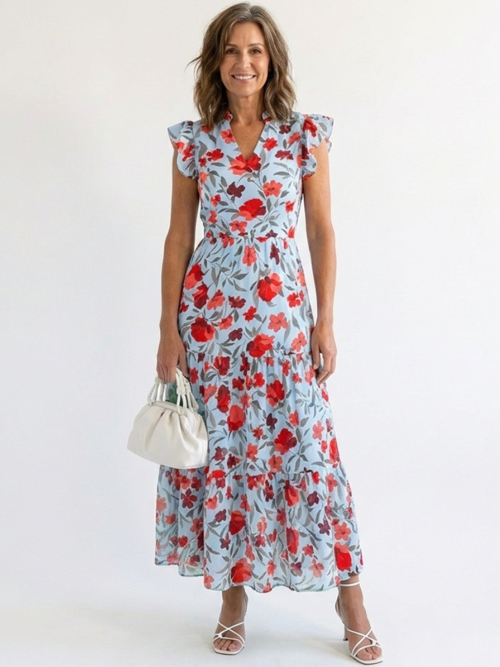 Lila | Floral midi dress with ruffles and a V-neck