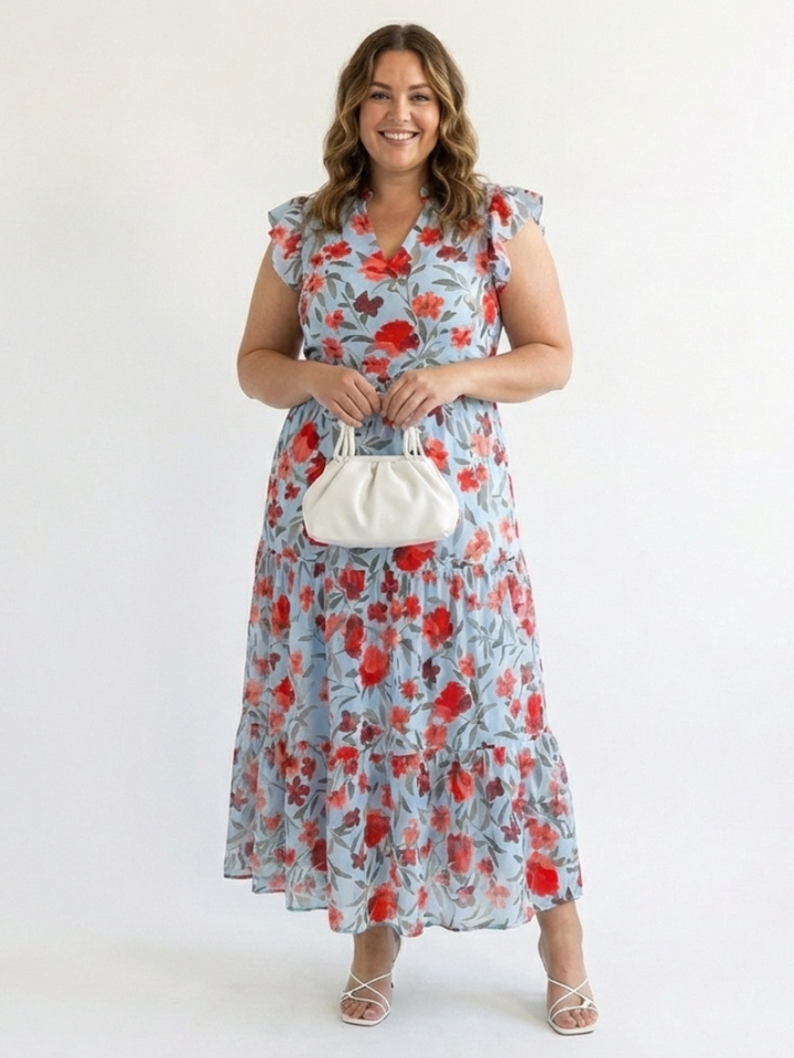 Lila | Floral midi dress with ruffles and a V-neck