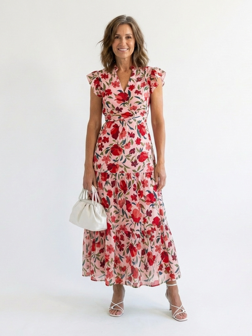Lila | Floral midi dress with ruffles and a V-neck