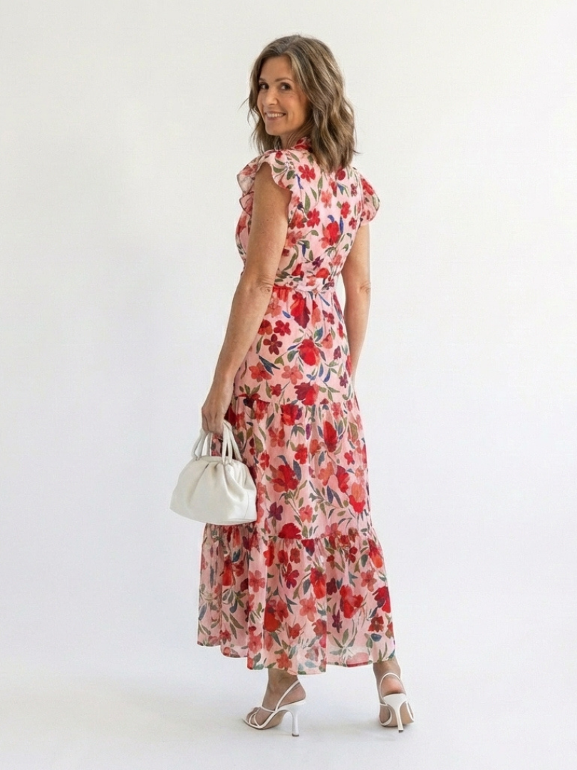 Lila | Floral midi dress with ruffles and a V-neck
