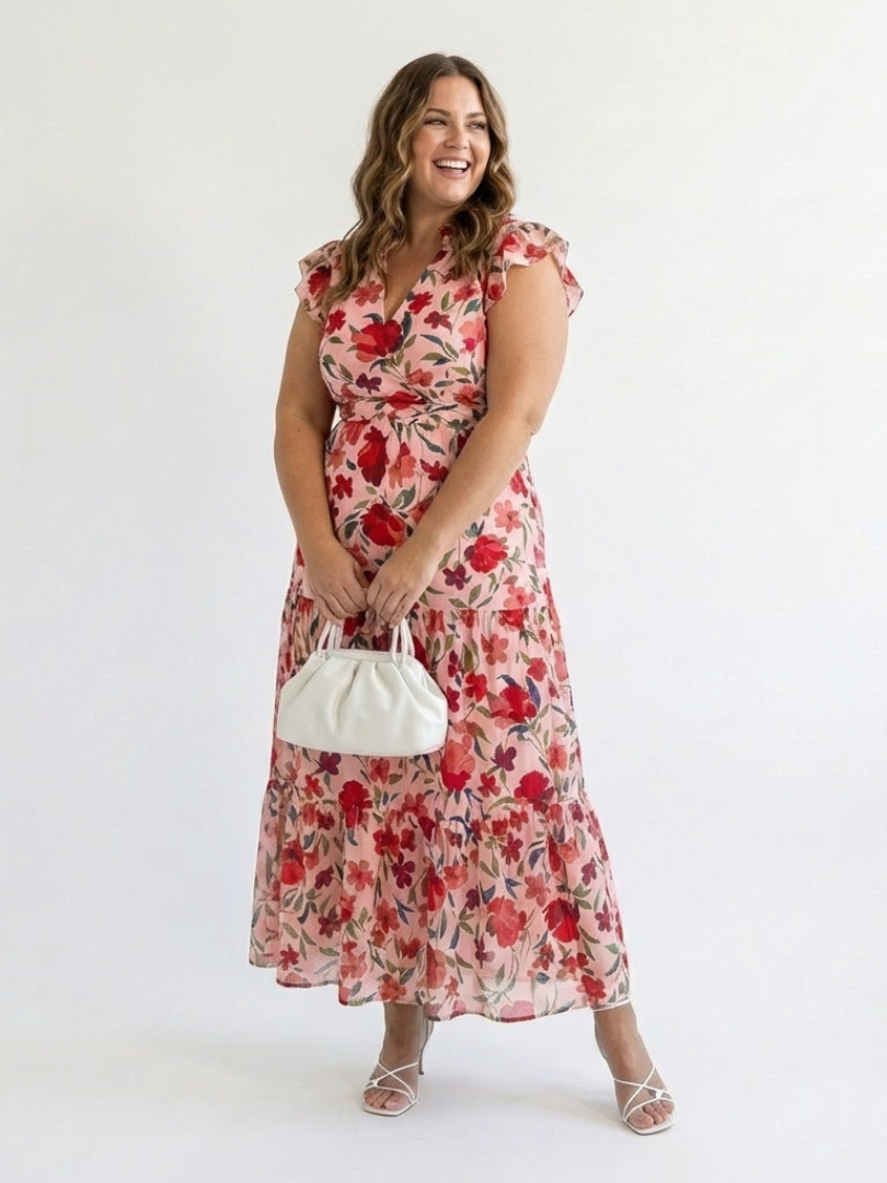 Lila | Floral midi dress with ruffles and a V-neck