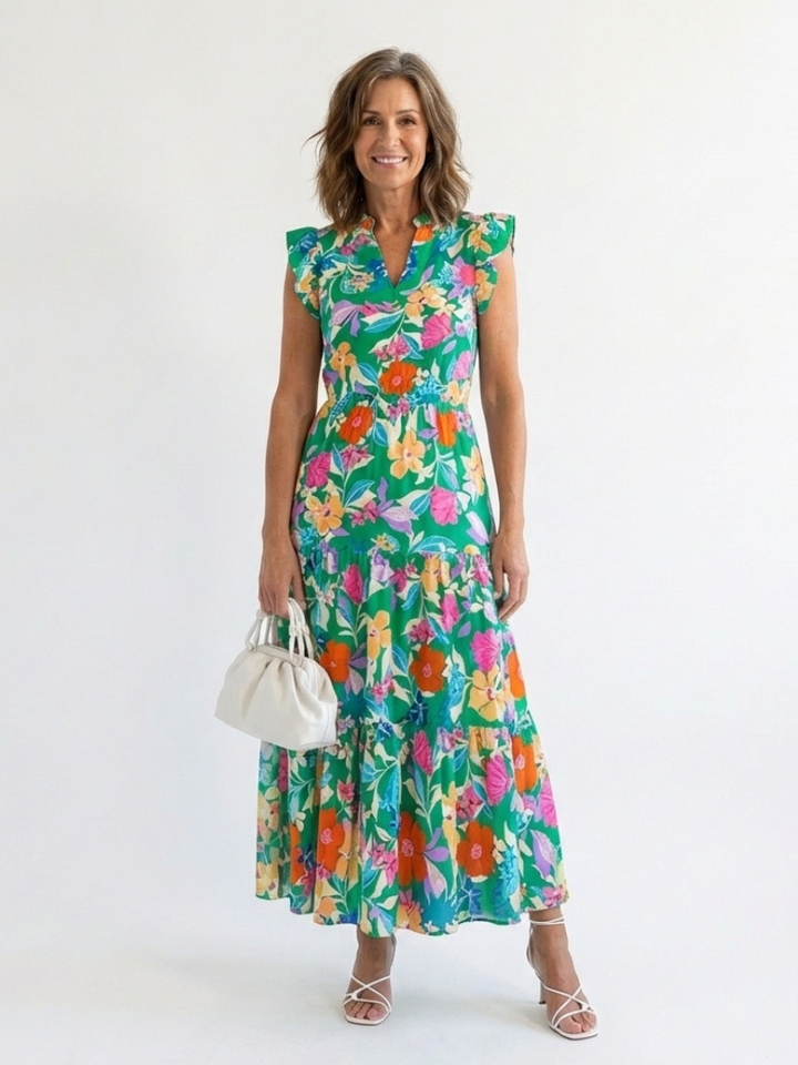 Lila | Floral midi dress with ruffles and a V-neck