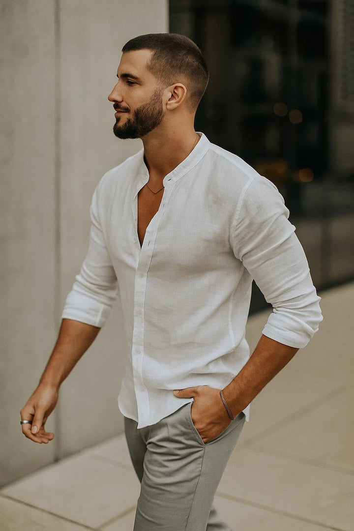 Mason | Men’s Linen Shirt in a Modern Stand Collar Style