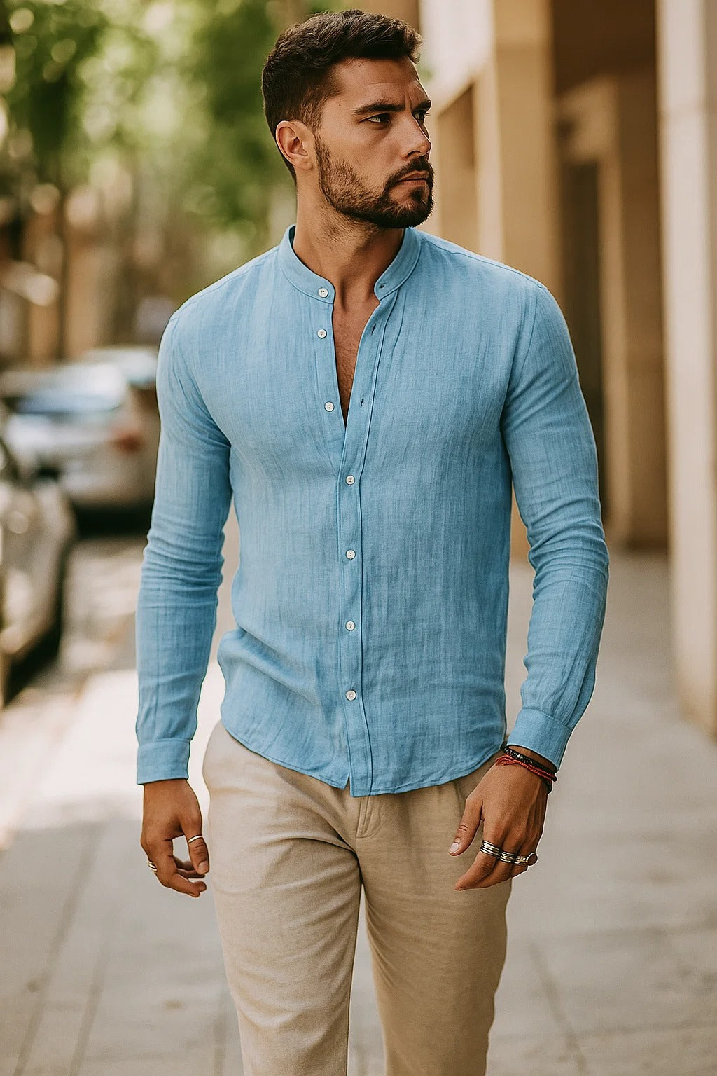 Mason | Men’s Linen Shirt in a Modern Stand Collar Style