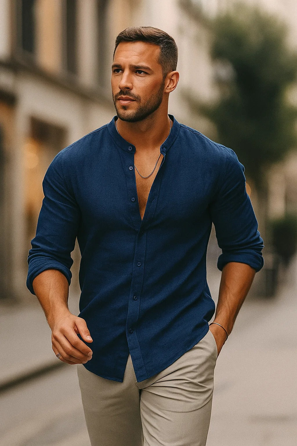 Mason | Men’s Linen Shirt in a Modern Stand Collar Style