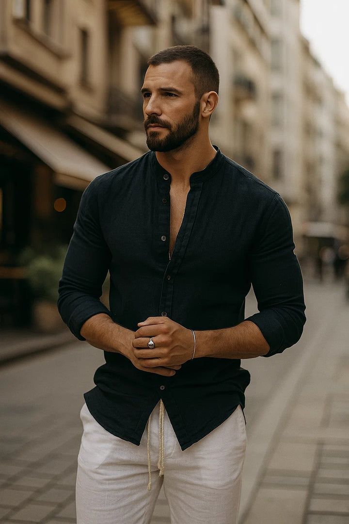 Mason | Men’s Linen Shirt in a Modern Stand Collar Style