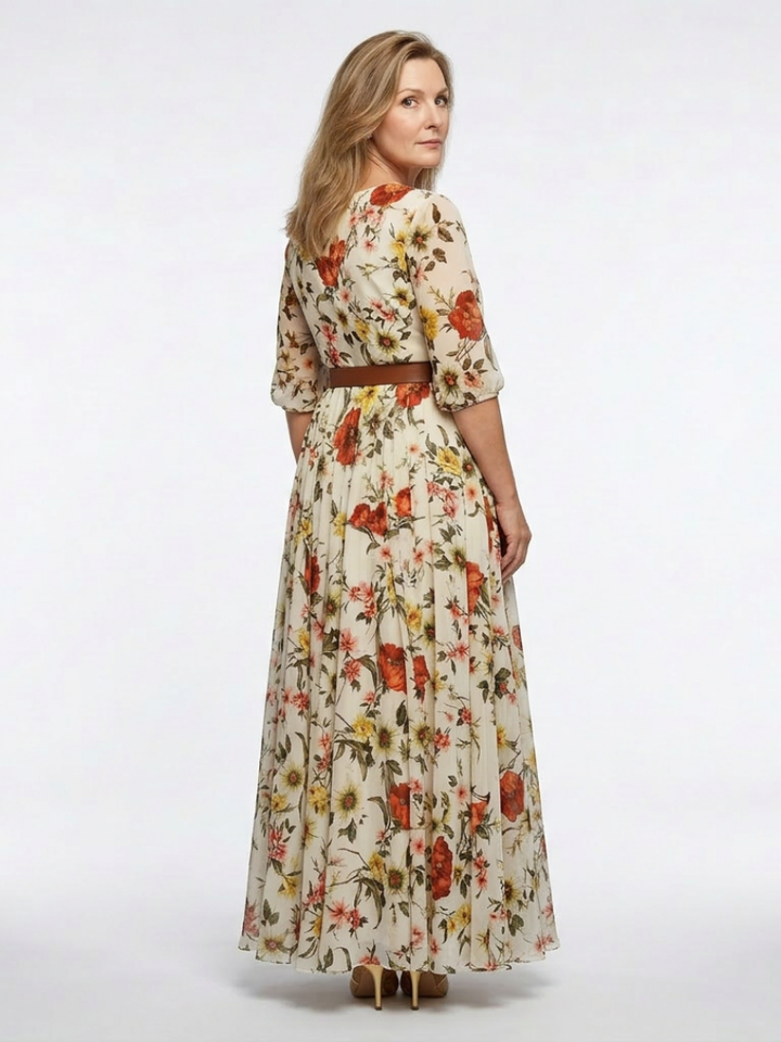 Odelia | Women's maxi dress with a belt and three-quarter sleeves