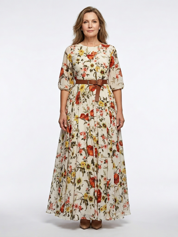 Odelia | Women's maxi dress with a belt and three-quarter sleeves