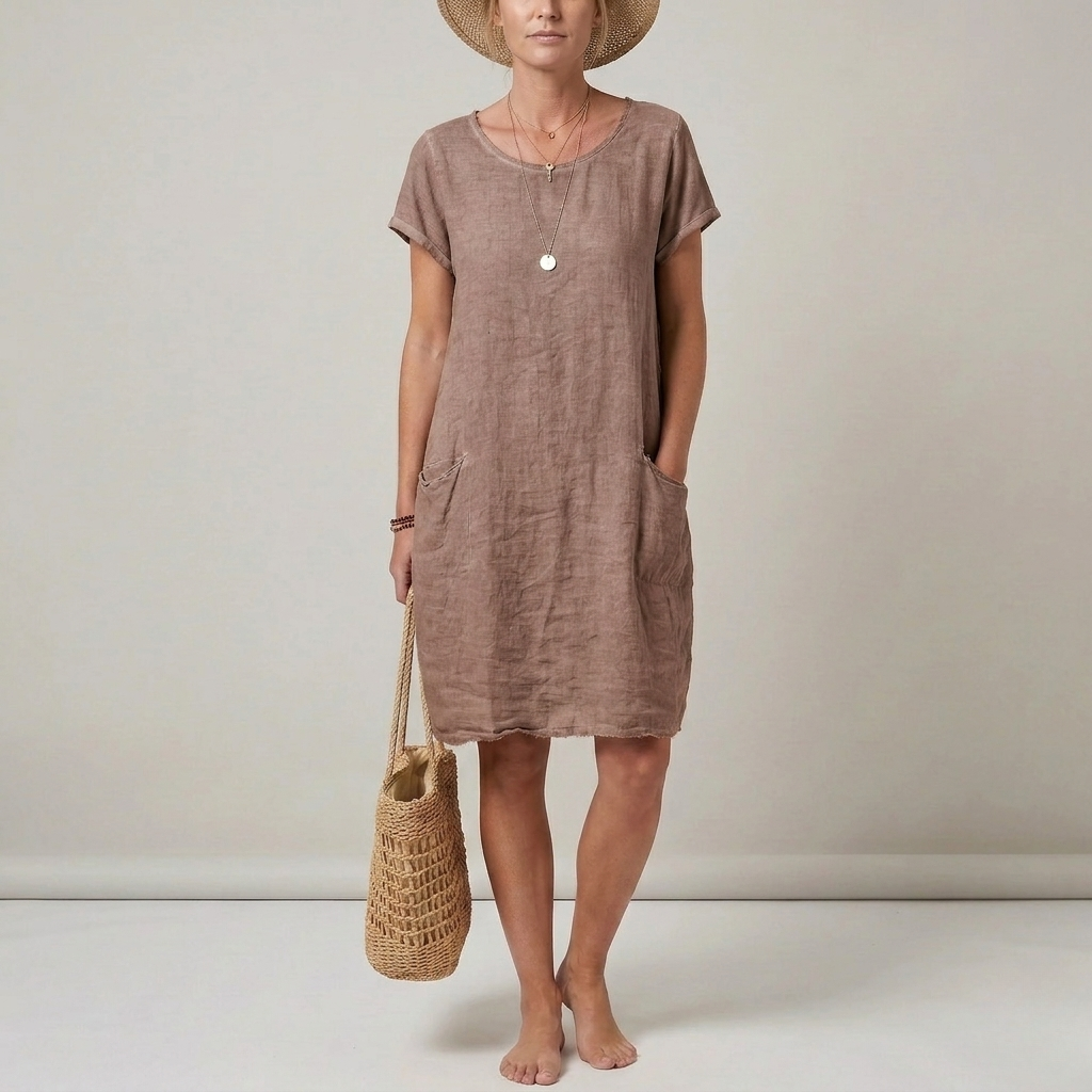 Phoebe | Women's Linen Mini Dress with Short Sleeves and Front Pockets