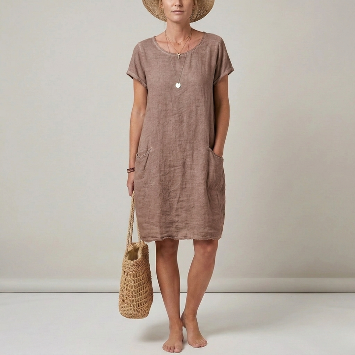 Phoebe | Women's Linen Mini Dress with Short Sleeves and Front Pockets