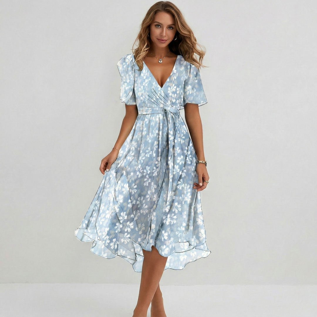 Rosalie | Women's Floral Print Wrap Midi Dress in a Short Sleeve A-Line Silhouette