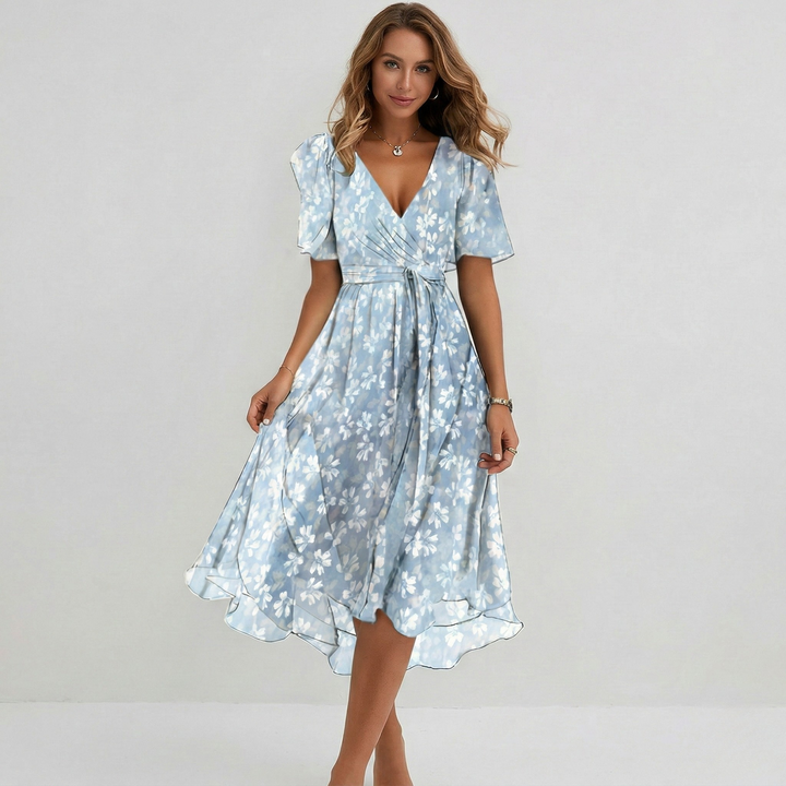 Rosalie | Women's Floral Print Wrap Midi Dress in a Short Sleeve A-Line Silhouette