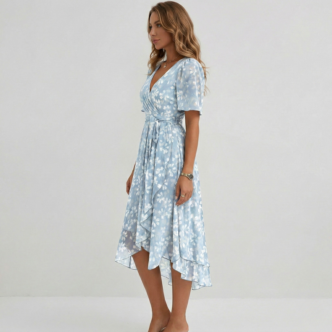 Rosalie | Women's Floral Print Wrap Midi Dress in a Short Sleeve A-Line Silhouette