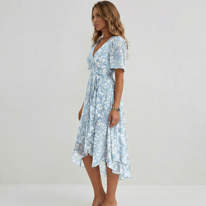 Rosalie | Women's Floral Print Wrap Midi Dress in a Short Sleeve A-Line Silhouette