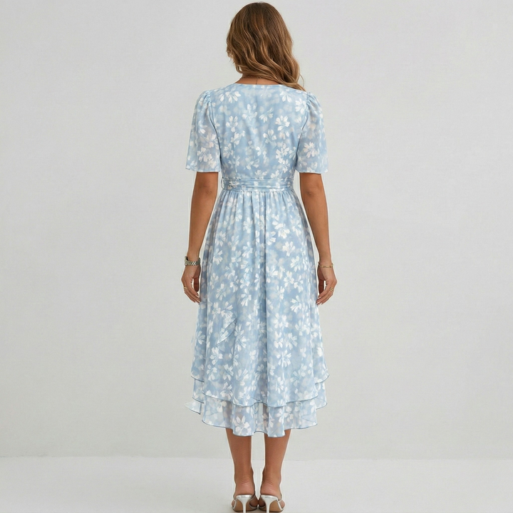 Rosalie | Women's Floral Print Wrap Midi Dress in a Short Sleeve A-Line Silhouette