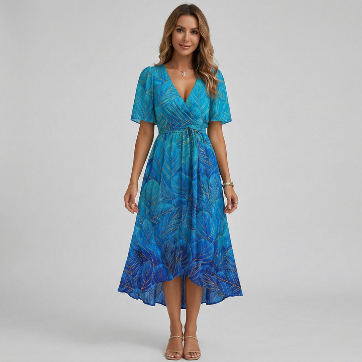 Rosalie | Women's Floral Print Wrap Midi Dress in a Short Sleeve A-Line Silhouette
