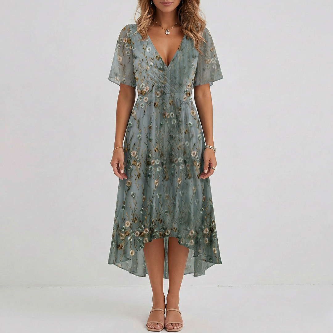Rosalie | Women's Floral Print Wrap Midi Dress in a Short Sleeve A-Line Silhouette