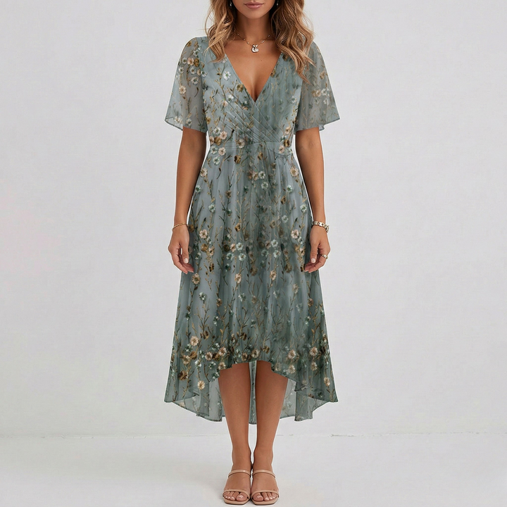 Rosalie | Women's Floral Print Wrap Midi Dress in a Short Sleeve A-Line Silhouette