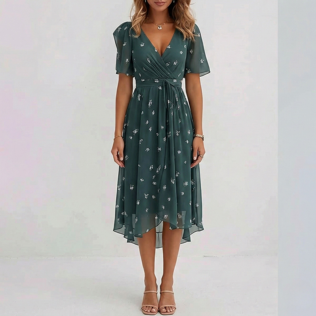 Rosalie | Women's Floral Print Wrap Midi Dress in a Short Sleeve A-Line Silhouette