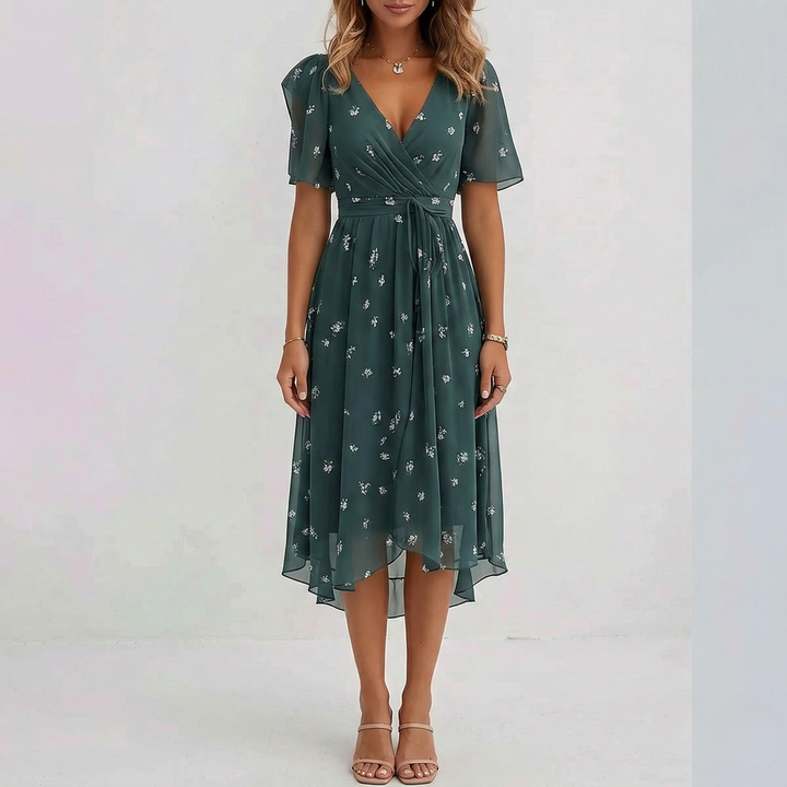 Rosalie | Women's Floral Print Wrap Midi Dress in a Short Sleeve A-Line Silhouette
