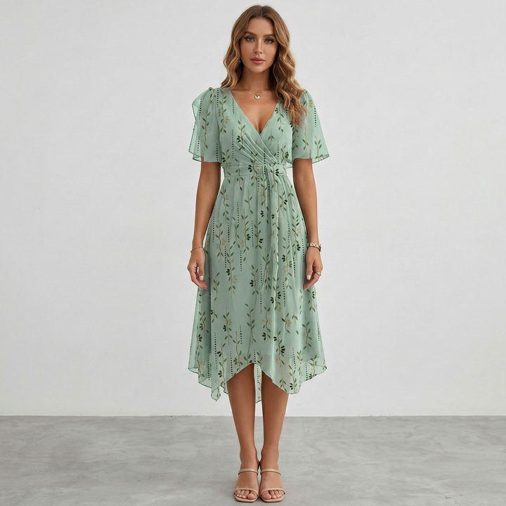 Rosalie | Women's Floral Print Wrap Midi Dress in a Short Sleeve A-Line Silhouette