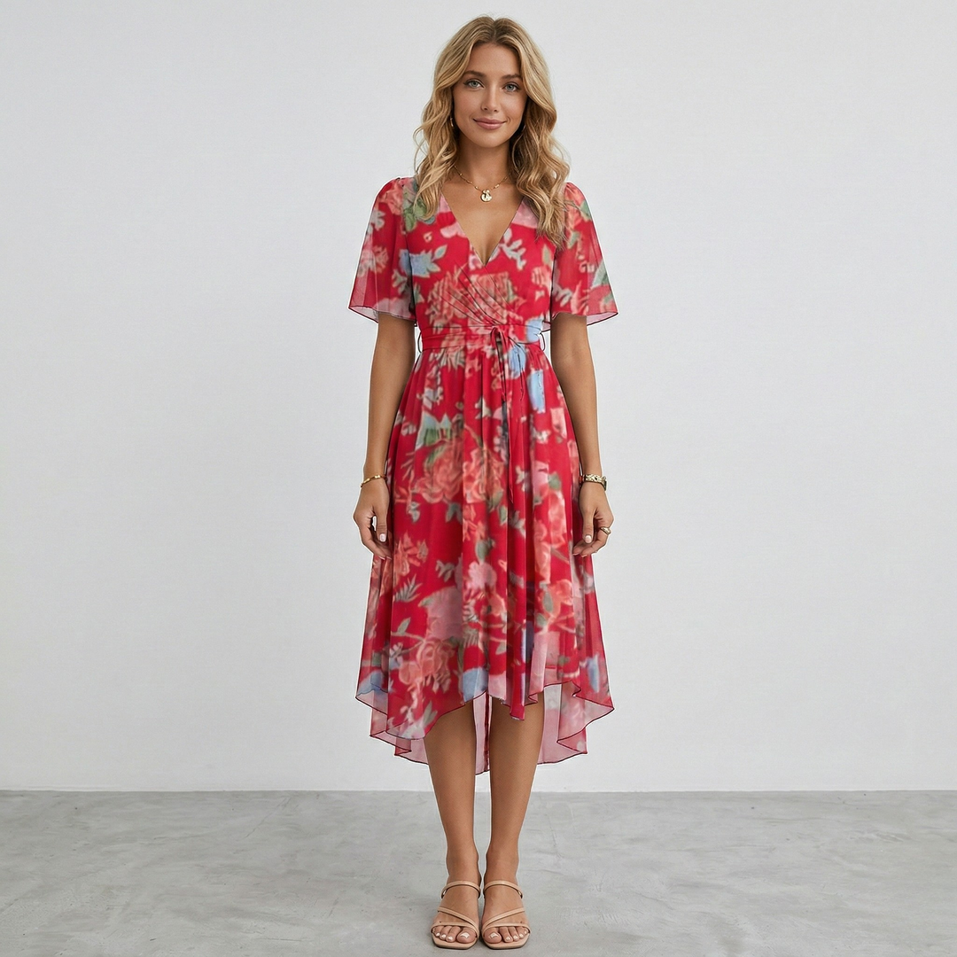 Rosalie | Women's Floral Print Wrap Midi Dress in a Short Sleeve A-Line Silhouette