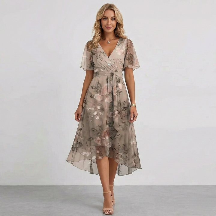 Rosalie | Women's Floral Print Wrap Midi Dress in a Short Sleeve A-Line Silhouette