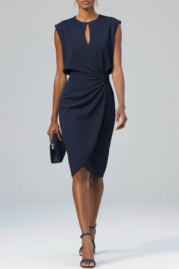 Arabella | Women's Keyhole Neck Midi Dress with Ruched Waist and Cap Sleeves