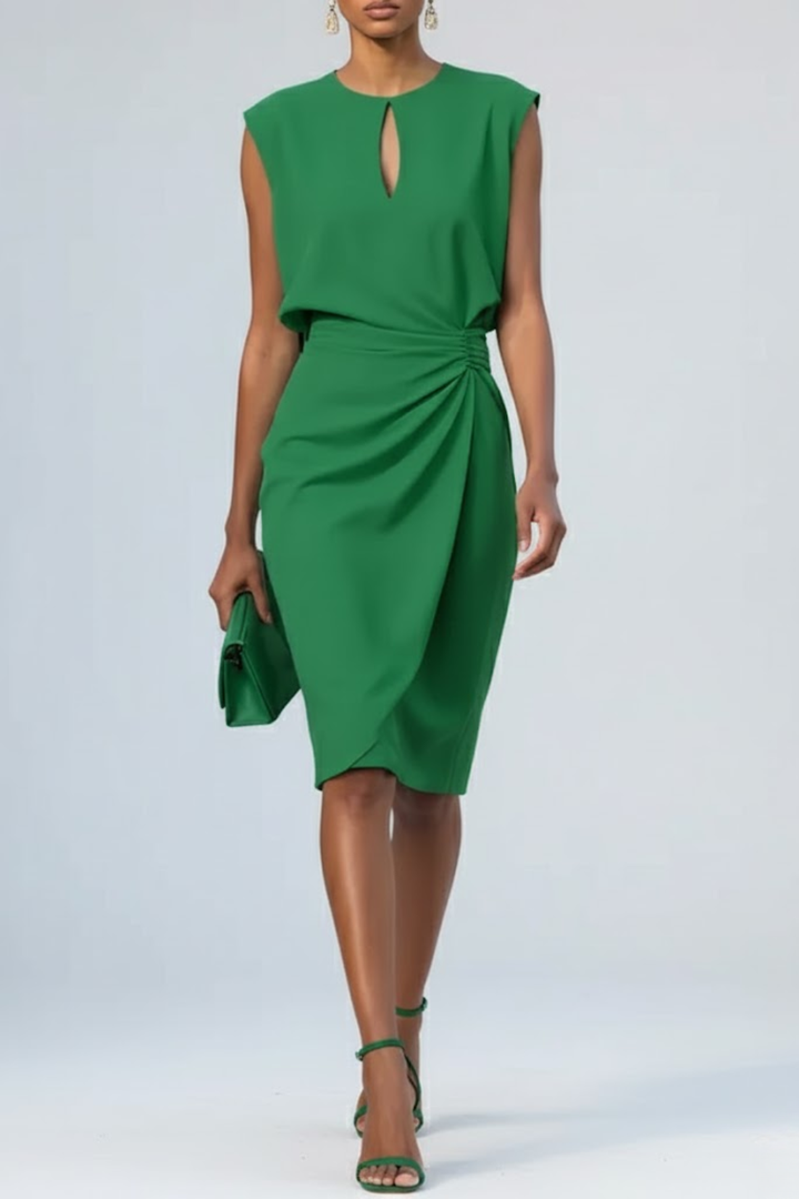 Arabella | Women's Keyhole Neck Midi Dress with Ruched Waist and Cap Sleeves