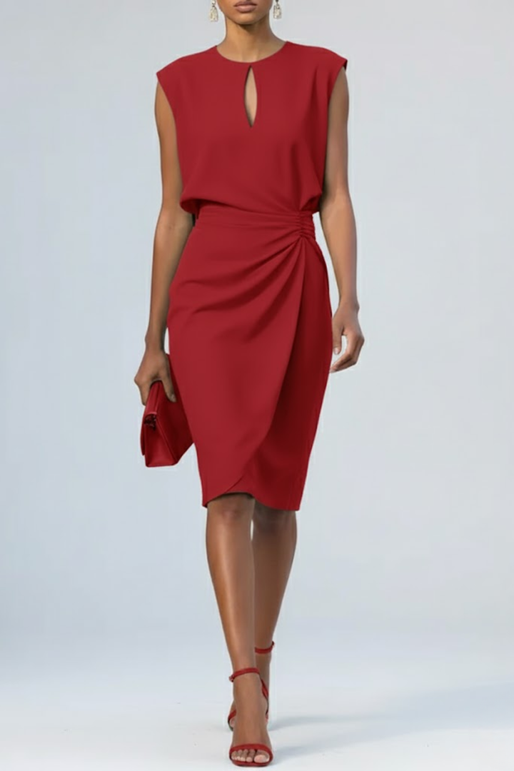 Arabella | Women's Keyhole Neck Midi Dress with Ruched Waist and Cap Sleeves