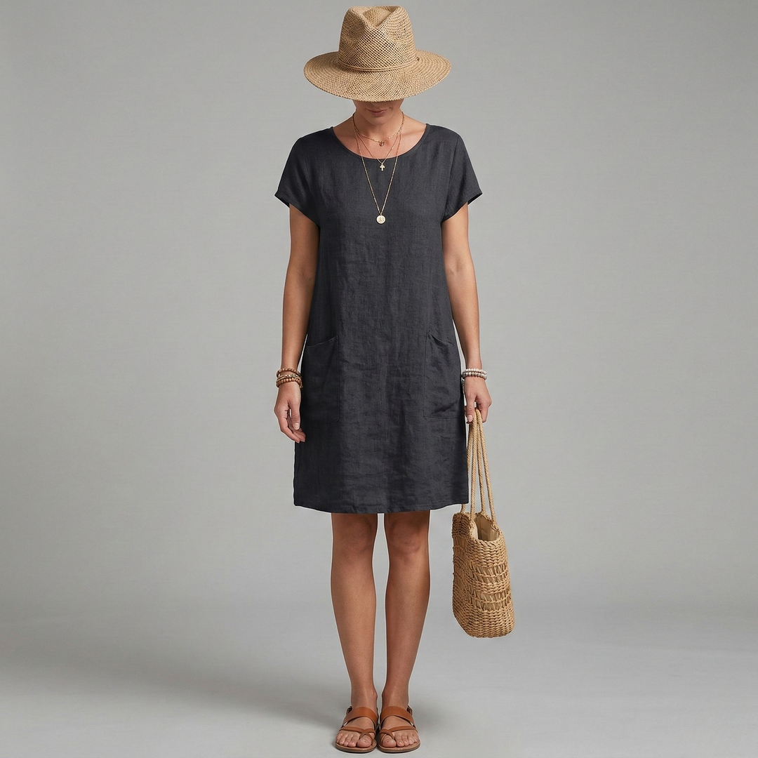 Phoebe | Women's Linen Mini Dress with Short Sleeves and Front Pockets