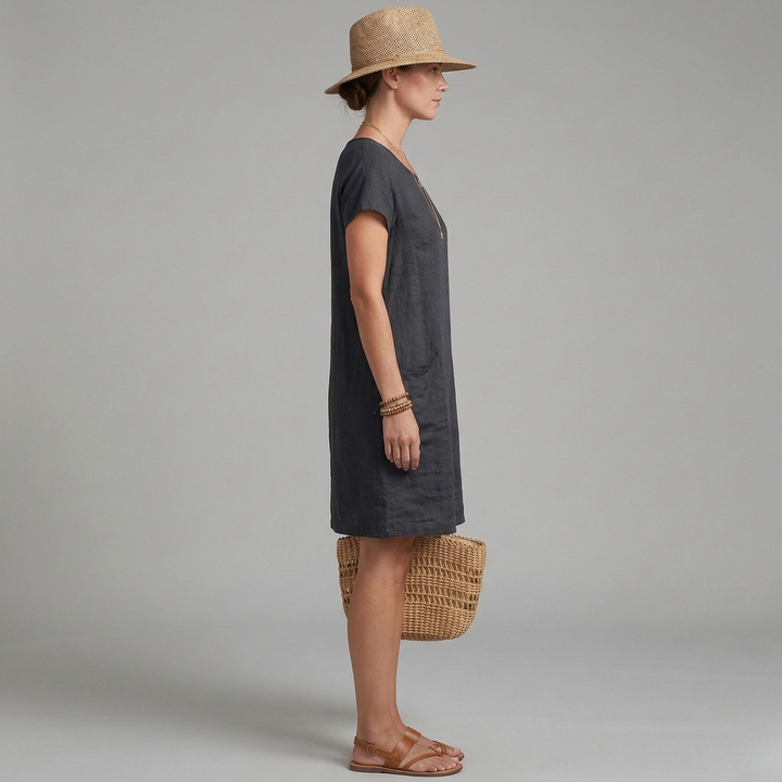 Phoebe | Women's Linen Mini Dress with Short Sleeves and Front Pockets