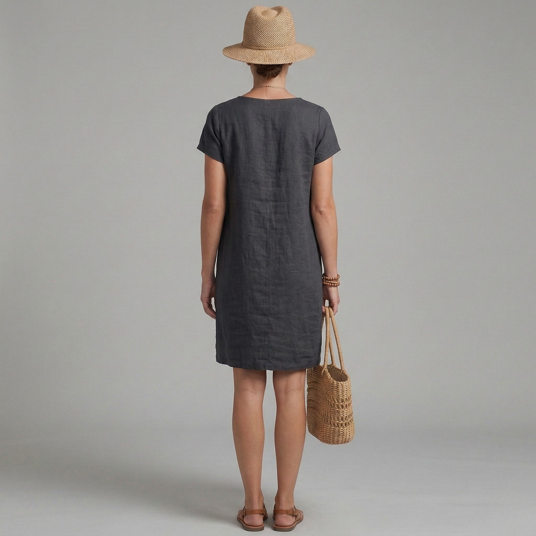 Phoebe | Women's Linen Mini Dress with Short Sleeves and Front Pockets