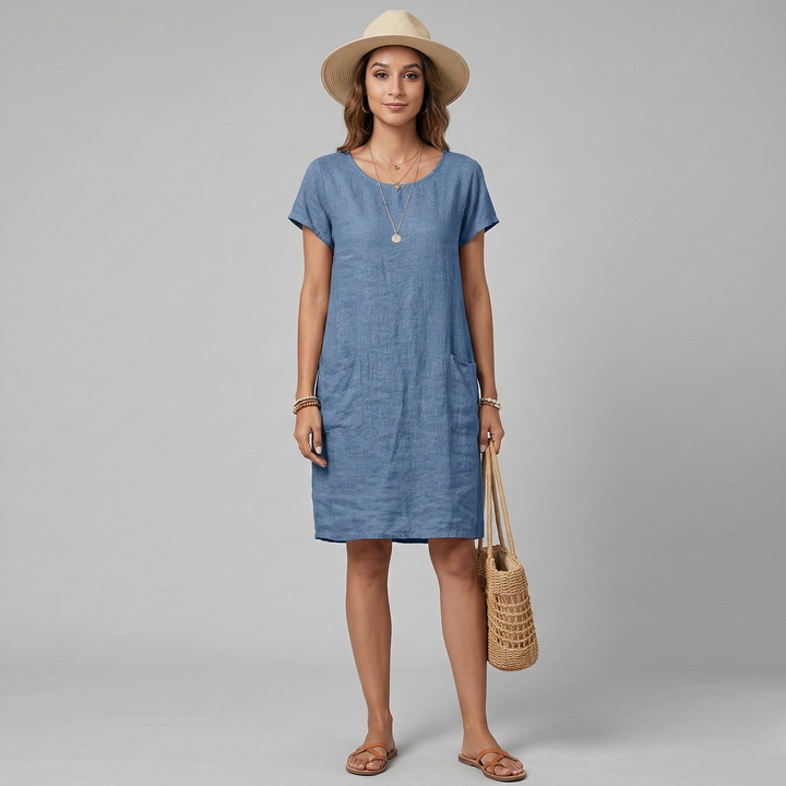 Phoebe | Women's Linen Mini Dress with Short Sleeves and Front Pockets