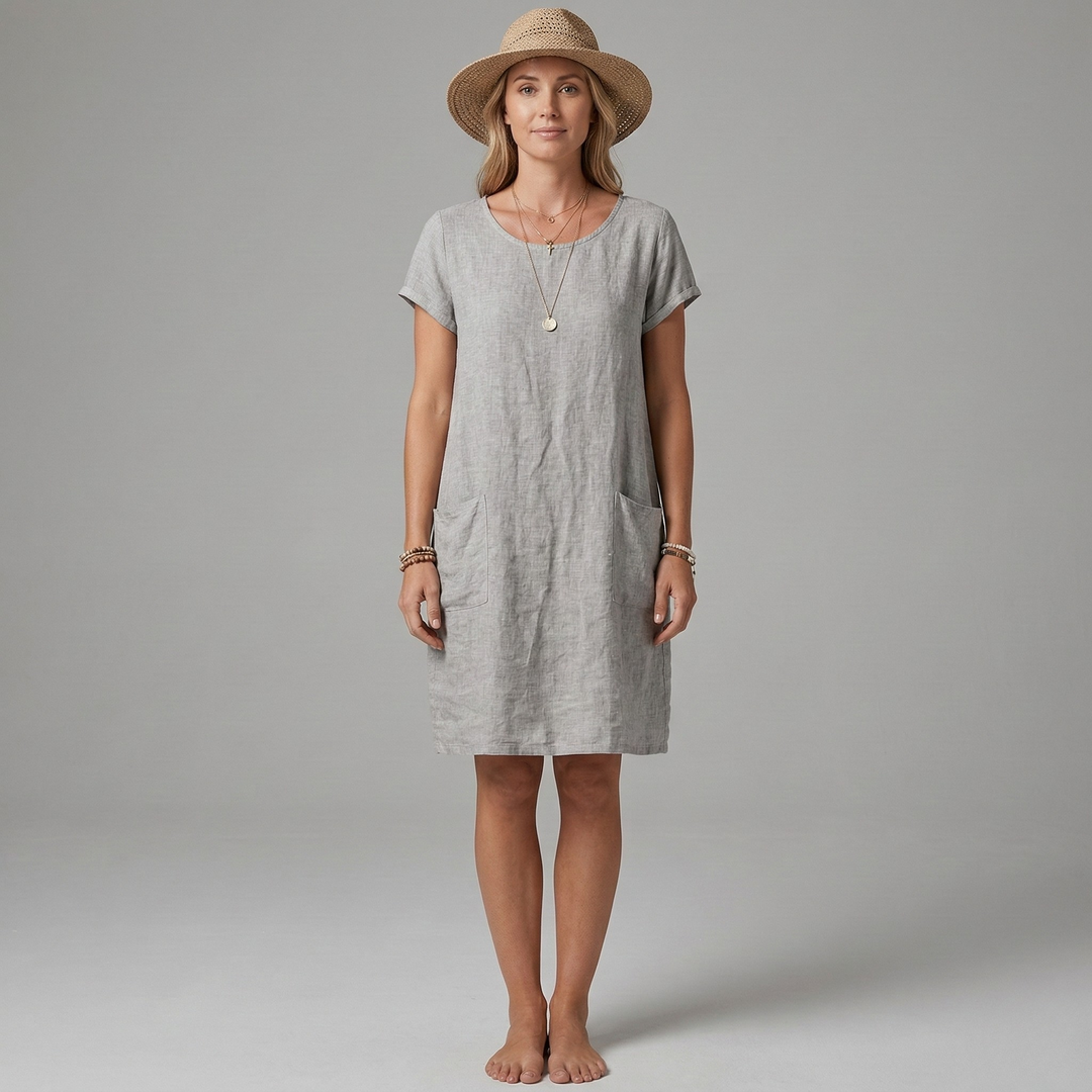 Phoebe | Women's Linen Mini Dress with Short Sleeves and Front Pockets