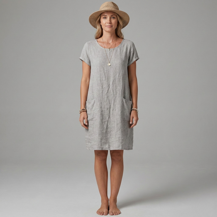 Phoebe | Women's Linen Mini Dress with Short Sleeves and Front Pockets