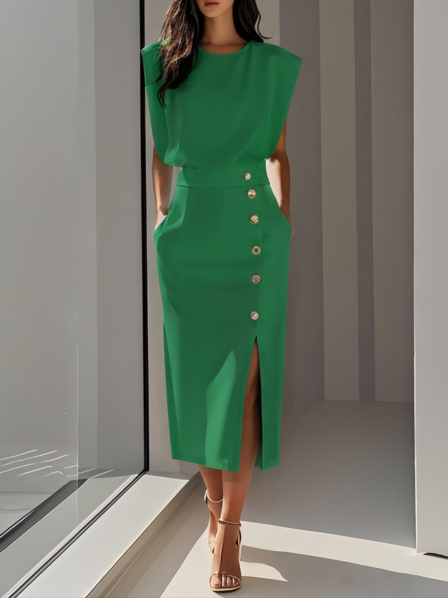 Elena | Women’s Midi Dress featuring Button Detail